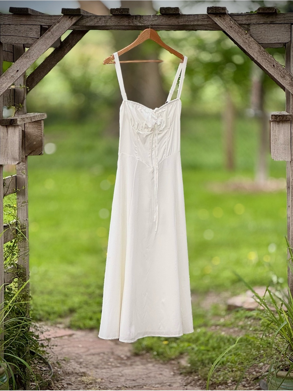 Martha Ivory Lace-Up Back Midi Dress Medium | Cottagecore Slip Dress